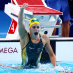 NANTERRE, FRANCE - JULY 30: Kaylee McKeown of Team Australia celebrates after winning gold in the Women's 100m Backstroke Final on day four of the Olympic Games Paris 2024 at Paris La Defense Arena on July 30, 2024 in Nanterre, France. (Photo by Maddie Meyer/Getty Images)