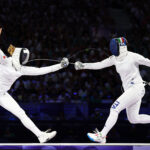 PARIS, FRANCE - JULY 30: Auriane Mallo-Breton of Team France (L) and Mara Navarria of Team Italy compete during the Fencing Women's Epee Team Gold Medal match between Team France and Team Ital on day four of the Olympic Games Paris 2024 at Grand Palais on July 30, 2024 in Paris, France. (Photo by Elsa/Getty Images)