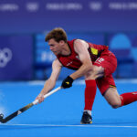 PARIS, FRANCE - JULY 30: Gauthier Boccard of Team Belgium passes the ball during the Men's Pool B match between Australia and Belgium on day four of the Olympic Games Paris 2024 at Stade Yves Du Manoir on July 30, 2024 in Paris, France. (Photo by Michael Reaves/Getty Images)