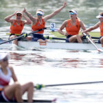 PARIS, FRANCE - AUGUST 01: Marloes Oldenburg, Mermijntje Drenth, Tinka Offereins and Benthe Boonstra of Team Netherlands celebrate winning the gold medals after competing in the Rowing Women's Four Final  on day six of the Olympic Games Paris 2024 at Vaires-Sur-Marne Nautical Stadium on August 01, 2024 in Paris, France. (Photo by Alex Davidson/Getty Images)