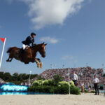 VERSAILLES, FRANCE - AUGUST 01: Henrik Von Eckermann and horse King Edward of Team Sweden compete in the Jumping Team Qualifier on day six of the Olympic Games Paris 2024 at Chateau de Versailles on August 01, 2024 in Versailles, France. (Photo by Mike Hewitt/Getty Images)