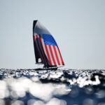 MARSEILLE, FRANCE - AUGUST 01:  Ian Barrows and Hans Henken of Team United States of America in action during the Men's Skiff Men's Skiff 49er class Medal Race on day six of the Olympic Games Paris 2024 at Marseille Marina on August 01, 2024 in Marseille, France. (Photo by Clive Mason/Getty Images)