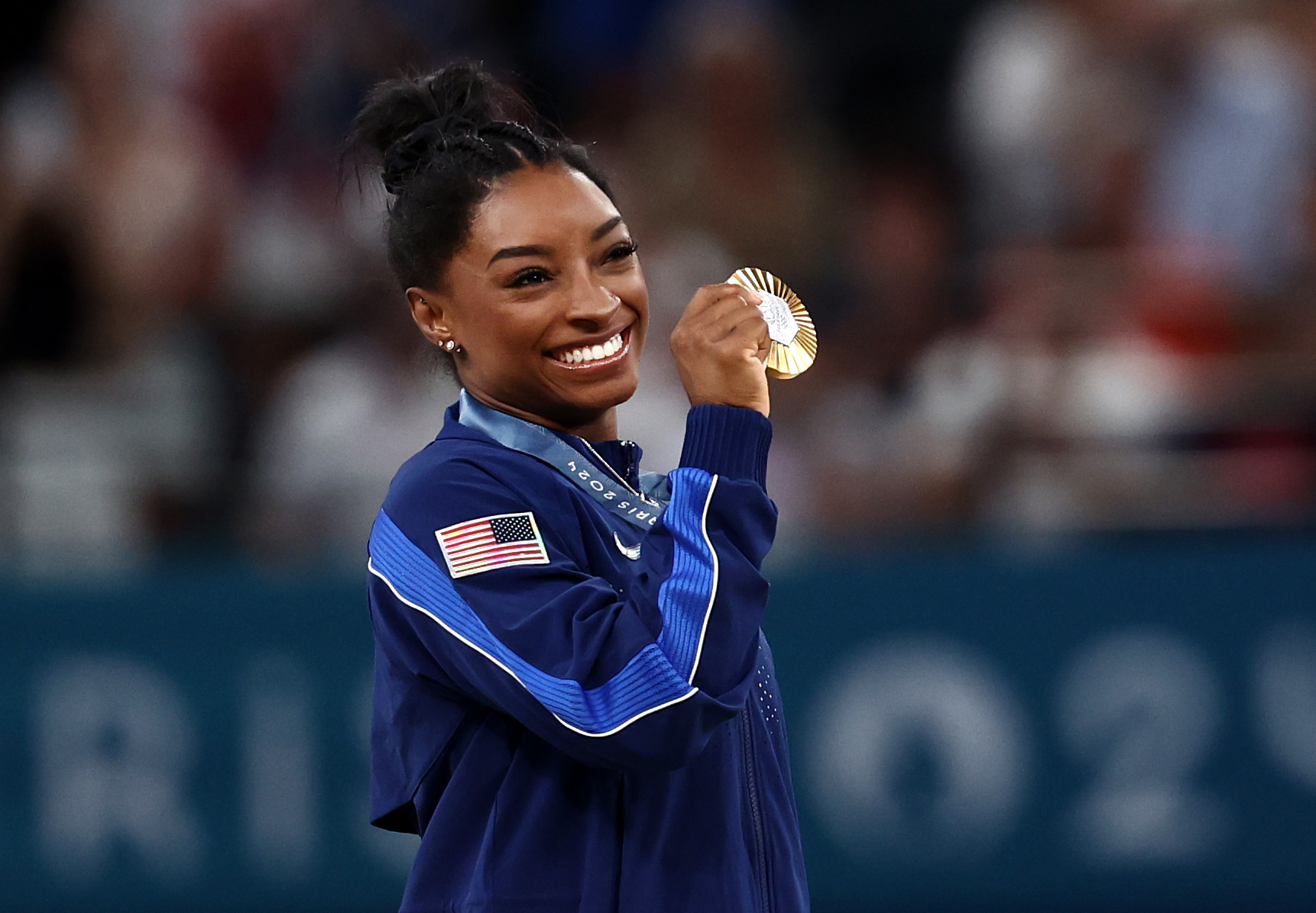 PARIS, FRANCE - AUGUST 01: Gold medalist Simone Biles of Team United States poses with her medal af...