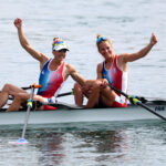 PARIS, FRANCE - AUGUST 02: Laura Tarantola and Claire Bove of Team France celebrate winning the Rowing Lightweight Women's Double Sculls Final B on day seven of the Olympic Games Paris 2024 at Vaires-Sur-Marne Nautical Stadium on August 02, 2024 in Paris, France. (Photo by Francois Nel/Getty Images)