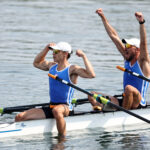 PARIS, FRANCE - AUGUST 02: Antonios Papakonstantinou and Petros Gkaidatzis of Team Greece celebrate winning the bronze medals after competing in the Rowing Lightweight Men's Double Sculls Final A on day seven of the Olympic Games Paris 2024 at Vaires-Sur-Marne Nautical Stadium on August 02, 2024 in Paris, France. (Photo by Francois Nel/Getty Images)