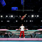 PARIS, FRANCE - AUGUST 02: Noemi Romero Rosario of Team Spain competes during the Trampoline Gymnastics Women's Qualification on day seven of the Olympic Games Paris 2024 at Bercy Arena on August 02, 2024 in Paris, France. (Photo by Jamie Squire/Getty Images)