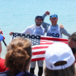 MARSEILLE, FRANCE - AUGUST 02: Ian Barrows and Hans Henken of Team United States celebrate bronze in the Men's Skiff 49erFX class medal race on day seven of the Olympic Games Paris 2024 at Marseille Marina on August 02, 2024 in Marseille, France. (Photo by Alex Livesey/Getty Images)