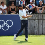 PARIS, FRANCE - AUGUST 02: Tommy Fleetwood of Team Great Britain tees off on the 18th hole during Day Two of the Men's Individual Stroke Play on day seven of the Olympic Games Paris 2024 at Le Golf National on August 02, 2024 in Paris, France. (Photo by Kevin C. Cox/Getty Images)