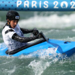 PARIS, FRANCE - AUGUST 02: Monica Doria Vilarrubla of Team Andorra competes during the Canoe Slalom Women's Kayak Cross Time Trial on day seven of the Olympic Games Paris 2024 at Vaires-Sur-Marne Nautical Stadium on August 02, 2024 in Paris, France. (Photo by Francois Nel/Getty Images)