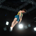 PARIS, FRANCE - AUGUST 02: Brock Batty of Team Australia competes during the Trampoline Gymnastics Men's Qualification on day seven of the Olympic Games Paris 2024 at Bercy Arena on August 02, 2024 in Paris, France. (Photo by Naomi Baker/Getty Images)