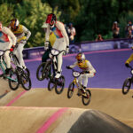 PARIS, FRANCE - AUGUST 02: Sylvain Andre of Team France, Mateo Carmona Garcia of Team Colombia, Joris Daudet of Team France, Diego Alejandro Arboleda Ospina of Team Colombia and Alfredo Jose Campo of Team Ecuador compete during the Men's Semi-Finals Run 2, Heat 2 on day seven of the Olympic Games Paris 2024 at Saint-Quentin-en-Yvelines BMX Stadium on August 02, 2024 in Paris, France. (Photo by Tim de Waele/Getty Images)