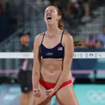 PARIS, FRANCE - AUGUST 02: Kelly Cheng of Team United States reacts during a Women's Preliminary Phase match against Team Germany on day seven of the Olympic Games Paris 2024 at Eiffel Tower Stadium on August 02, 2024 in Paris, France. (Photo by Elsa/Getty Images)