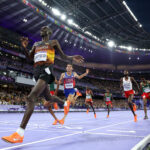 PARIS, FRANCE - AUGUST 02: (EDITORS NOTE: Image was captured using a remote camera) Joshua Cheptegei of Team Uganda celebrates winning the Men's 10,000m Final on day seven of the Olympic Games Paris 2024 at Stade de France on August 02, 2024 in Paris, France. (Photo by Cameron Spencer/Getty Images)