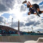 PARIS, FRANCE - AUGUST 07: US' Tom Schaar competes in the men's park skateboarding final during the Paris 2024 Olympic Games at La Concorde in Paris on August 7, 2024. (Photo by Odd Andersen-Pool/Getty Images)