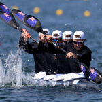 PARIS, FRANCE - AUGUST 06: Max Brown, Grant Clancy, Kurtis Imrie and Hamish Legarth of Team New Zealand compete during the Men's Kayak Four 500m Quaterfinal on day eleven of the Olympic Games Paris 2024 at Vaires-Sur-Marne Nautical Stadium on August 06, 2024 in Paris, France. (Photo by Justin Setterfield/Getty Images)