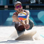 PARIS, FRANCE - AUGUST 06: Clemens Wickler of Team Germany digs the ball during a Men's Quarterfinal match against Team Netherlands on day eleven of the Olympic Games Paris 2024 at Eiffel Tower Stadium on August 06, 2024 in Paris, France. (Photo by Elsa/Getty Images)