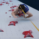 PARIS, FRANCE - AUGUST 06: Sam Watson of Team United States competes during the Men's Speed Elimination round on day eleven of the Olympic Games Paris 2024 at Le Bourget Sport Climbing Venue on August 06, 2024 in Paris, France. (Photo by Michael Reaves/Getty Images)