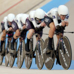 PARIS, FRANCE - AUGUST 06: Kristen Faulkner of Team United States leads during the Women's Team Pursuit Qualifying on day eleven of the Olympic Games Paris 2024 at Saint-Quentin-en-Yvelines Velodrome on August 06, 2024 in Paris, France. (Photo by Jared C. Tilton/Getty Images)