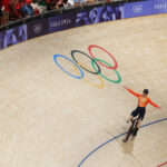 PARIS, FRANCE - AUGUST 06: Gold medalist Harrie Lavreysen of Team Netherlands celebrates during the Men's Team Sprint - Finals on day eleven of the Olympic Games Paris 2024 at Saint-Quentin-en-Yvelines Velodrome on August 06, 2024 in Paris, France. (Photo by Jared C. Tilton/Getty Images)