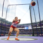 PARIS, FRANCE - AUGUST 06:   Camryn Rogers of Team Canada competes during the Women's Hammer Throw Final on day eleven of the Olympic Games Paris 2024 at Stade de France on August 06, 2024 in Paris, France. (Photo by Patrick Smith/Getty Images)