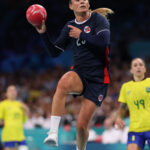 LILLE, FRANCE - AUGUST 06: Camilla Herrem #23 of Team Norway shoots the ball against Tean Brazil during the Women's Quarterfinal match on day eleven of the Olympic Games Paris 2024 at Stade Pierre Mauroy on August 06, 2024 in Lille, France. (Photo by Alex Davidson/Getty Images)