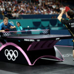 PARIS, FRANCE - AUGUST 06: Anton Kallberg of Team Sweden compete during the Table Tennis Men's Team Quarterfinal match against Timo Boll of Team Germany on day eleven of the Olympic Games Paris 2024 at South Paris Arena on August 06, 2024 in Paris, France. (Photo by Lintao Zhang/Getty Images)