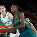 PARIS, FRANCE - AUGUST 07: Ezi Magbegor #13 of Team Australia competes during the Women's Quarterfinal match between Team Serbia and Team Australia on day twelve of the Olympic Games Paris 2024 at Bercy Arena on August 07, 2024 in Paris, France. (Photo by Gregory Shamus/Getty Images)