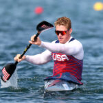 PARIS, FRANCE - AUGUST 07: Jonas Ecker of Team United States competes during the Men’s Kayak Single 1000m Heats on day twelve of the Olympic Games Paris 2024 at Vaires-Sur-Marne Nautical Stadium on August 07, 2024 in Paris, France. (Photo by Charles McQuillan/Getty Images)