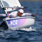 MARSEILLE, FRANCE - AUGUST 07: Hermann Tomasgaard of Team Norway competes in the Men's Dinghy ILCA medal race on day twelve of the Olympic Games Paris 2024 at Marseille Marina on August 07, 2024 in Marseille, France. (Photo by Clive Mason/Getty Images)