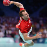 LILLE, FRANCE - AUGUST 07: Mathias Gidsel #19 of Team Denmark shoots the ball against Team Sweden during the Men's Quarterfinal match on day twelve of the Olympic Games Paris 2024 at Stade Pierre Mauroy on August 07, 2024 in Lille, France. (Photo by Alex Davidson/Getty Images)