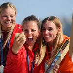 MARSEILLE, FRANCE - AUGUST 07: (L-R) Silver medalist Anne-Marie Rindom of Team Denmark, Bronze medalist Line Flem Hoest of Team Norway, and Gold medalist Marit Bouwmeester of Team Netherlands celebrate at the medal ceremony for the Women's Dinghy on day twelve of the Olympic Games Paris 2024 at Marseille Marina on August 07, 2024 in Marseille, France. (Photo by Clive Mason/Getty Images)