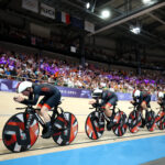 PARIS, FRANCE - AUGUST 07: Elinor Barker, Josie Knight, Anna Morris and Jessica Roberts of Team Great Britain compete during the Women's Team Pursuit Finals on day twelve of the Olympic Games Paris 2024 at Saint-Quentin-en-Yvelines Velodrome on August 07, 2024 in Paris, France. (Photo by Jared C. Tilton/Getty Images)