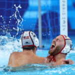 NANTERRE, FRANCE - AUGUST 07: Marko Vavic (R) of Team United States celebrates winning in the Men's Quarterfinal match between Team United States and Team Australia in a penalty shoot-out on day twelve of the Olympic Games Paris 2024 at Paris La Defense Arena on August 07, 2024 in Nanterre, France. (Photo by Quinn Rooney/Getty Images)