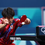 PARIS, FRANCE - AUGUST 07: Hiroto Shinozuka of Team Japan competes during the Table Tennis Men's Team Semifinal between Team Japan and Team Sweden on day twelve of the Olympic Games Paris 2024 at South Paris Arena on August 07, 2024 in Paris, France. (Photo by Buda Mendes/Getty Images)