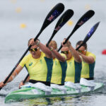 PARIS, FRANCE - AUGUST 08: Ella Beere, Aly Bull, Alexandra Clarke and Yale Steinepreis of Team Australia compete during the Women's Kayak Four 500m - Semifinal 1 on day thirteen of the Olympic Games Paris 2024 at Vaires-Sur-Marne Nautical Stadium on August 08, 2024 in Paris, France. (Photo by Justin Setterfield/Getty Images)