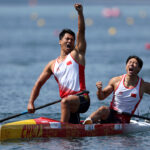 PARIS, FRANCE - AUGUST 08: Hao Liu and Bowen Ji of Team People's Republic of China celebrate winning the Gold medal following the Men's Canoe Double 500m Finals on day thirteen of the Olympic Games Paris 2024 at Vaires-Sur-Marne Nautical Stadium on August 08, 2024 in Paris, France. (Photo by Justin Setterfield/Getty Images)