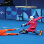 PARIS, FRANCE - AUGUST 08: Jonas de Geus of Team Netherlands penalty is saved by Jean-Paul Danneberg of Team Germany in the penalty shoot out during the Men's Gold Medal match between Germany and Netherlands on day thirteen of the Olympic Games Paris 2024 at Stade Yves Du Manoir on August 08, 2024 in Paris, France. (Photo by Maja Hitij/Getty Images)