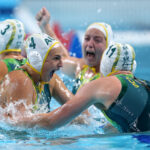 NANTERRE, FRANCE - AUGUST 08: Bronte Halligan and Tilly Kearns of Team Australia celebrate victory following the penalty shoot out in the Women's Semifinal match between Team Australia and Team United States on day thirteen of the Olympic Games Paris 2024 at Paris La Defense Arena on August 08, 2024 in Nanterre, France. (Photo by Maddie Meyer/Getty Images)