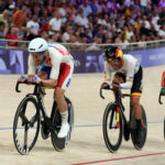 PARIS, FRANCE - AUGUST 08: (L-R) Gold medalist Benjamin Thomas of Team France, Albert Torres Barcelo of Team Spain and Silver medalist Iuri Leitao of Team Portugal compete during the Men's Omnium Points Race 4/4 on day thirteen of the Olympic Games Paris 2024 at Saint-Quentin-en-Yvelines Velodrome on August 08, 2024 in Paris, France. (Photo by Alex Broadway/Getty Images)