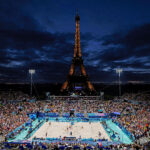 PARIS, FRANCE - AUGUST 08: A general view inside Eiffel Tower Stadium during the Women's Semifinal match between Mariafe Artacho del Solar and Taliqua Clancy of Team Australia and Ana Patricia Silva Ramos and Eduarda Santos Lisboa of Team Brazil on day thirteen of the Olympic Games Paris 2024 on August 08, 2024 in Paris, France.  (Photo by Mike Hewitt/Getty Images)