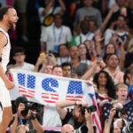 PARIS, FRANCE - AUGUST 08: Stephen Curry #4 of Team United States reacts after his team's victory against Team Serbia during a Men's basketball semifinals match between Team United States and Team Serbia on day thirteen of the Olympic Games Paris 2024 at Bercy Arena on August 08, 2024 in Paris, France. (Photo by Ezra Shaw/Getty Images)