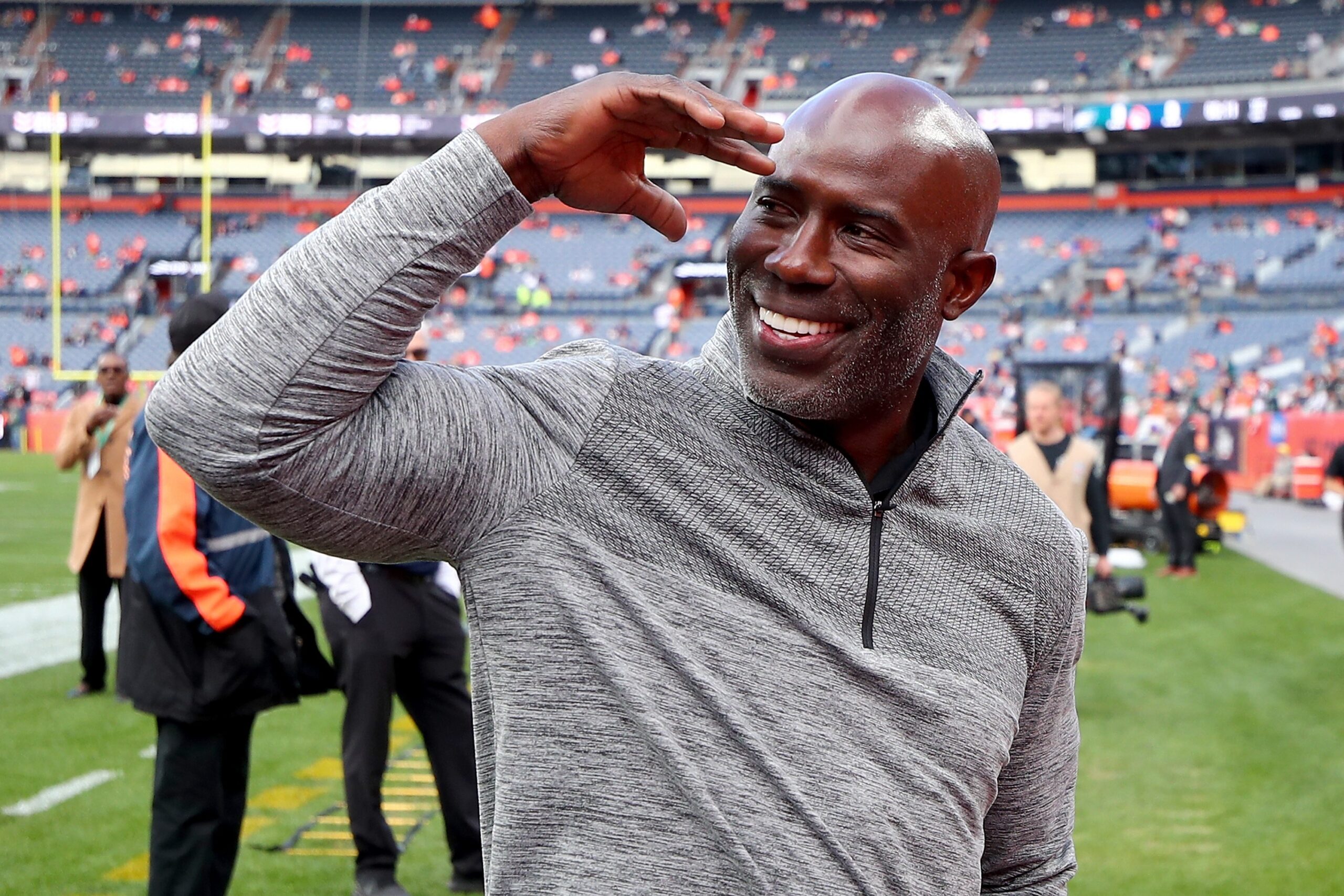 DENVER, COLORADO - NOVEMBER 14: Former Denver Broncos running back Terrell Davis reacts before a ga...