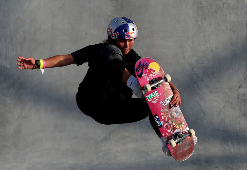 SHARJAH, UNITED ARAB EMIRATES - FEBRUARY 08: Sky Brown of Great Britain practice prior to Women's P...