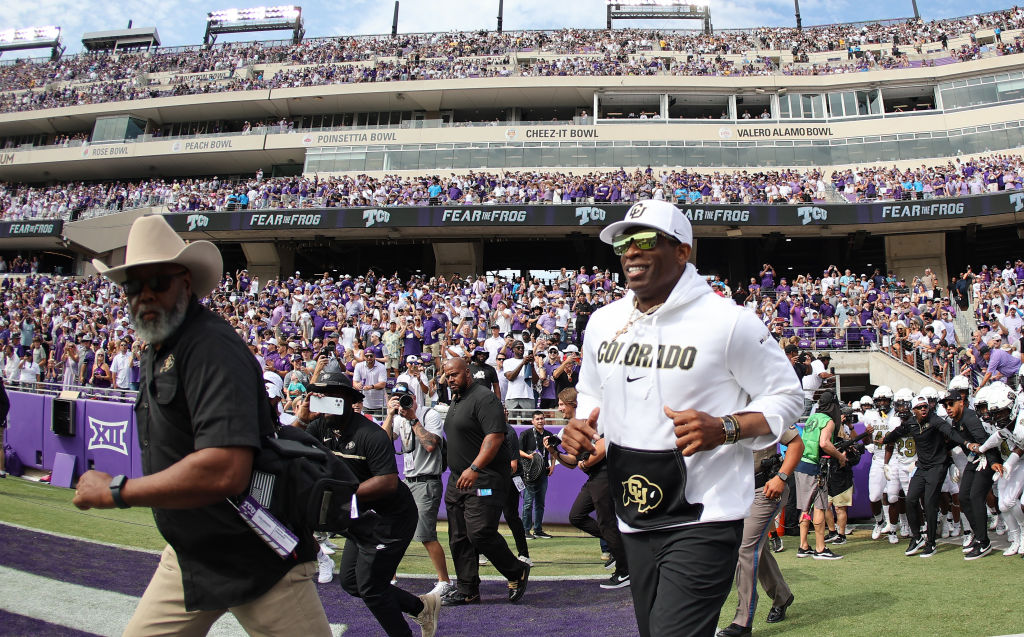 FORT WORTH, TX - SEPTEMBER 2: Head coach Deion Sanders of the Colorado Buffaloes takes the field be...