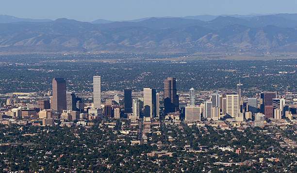 AURORA, CO - JULY 21:  The downtown Denver skyline is seen from the air a day after a gunman went o...