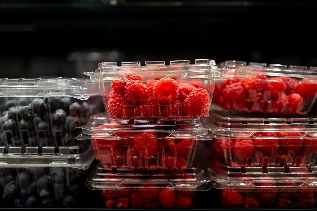 AUSTIN, TEXAS - JULY 23: Raspberries are displayed for sale on shelves at a Target store on July 23...