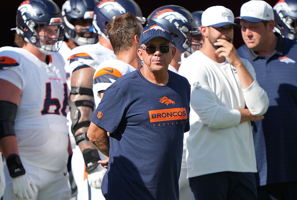 SANTA CLARA, CALIFORNIA - AUGUST 09: Head Coach Sean Payton of the Denver Broncos looks on while hi...
