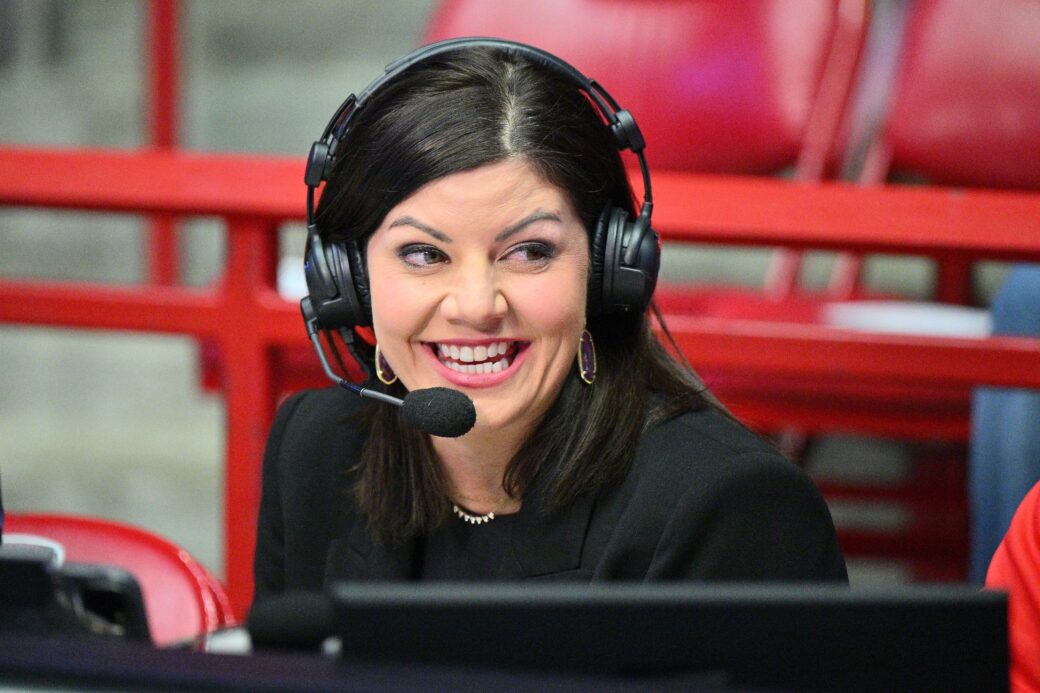 ALBUQUERQUE, NEW MEXICO - JANUARY 28: Play-by-play announcer Jenny Cavnar prepares before a game be...